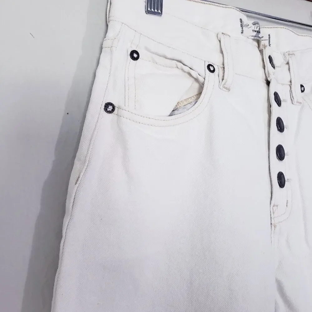 Free People Blossom White High Rise Rigid Straight Leg Jean Raw Hem 24 NEW